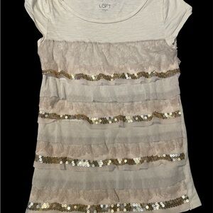 Loft tiered lace sequined lite beige or   Light peach color tee size XS
